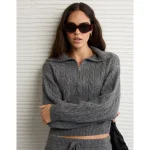 AE Cable-Knit Quarter-Zip Sweater - Charcoal Heather Gray
