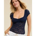 Show Off Vintage Lace Short Sleeve Bodysuit - Navy