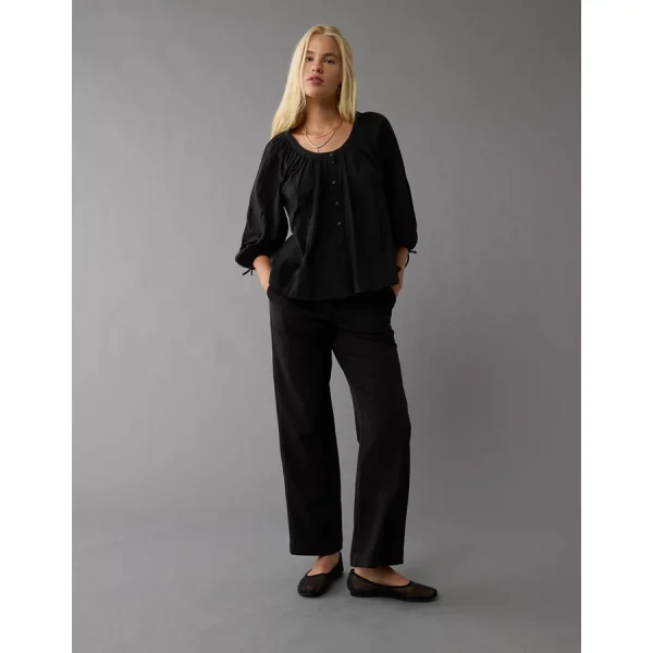 AE Long-Sleeve Open Neck Blouse - Black