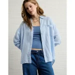 AE Long-Sleeve Tie Back Button-Up Shirt - Sky Blue