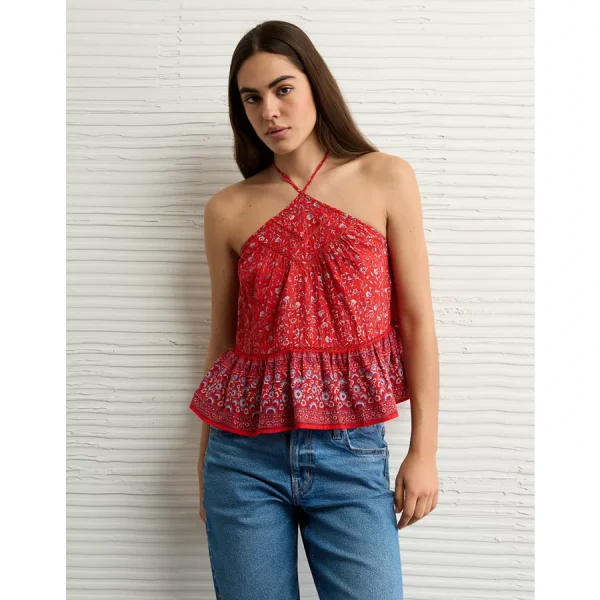 AE Y-Neck Lacy Halter Top - Red