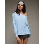 AE Big Hug Off-The-Shoulder Waffle Sweatshirt - Skylight
