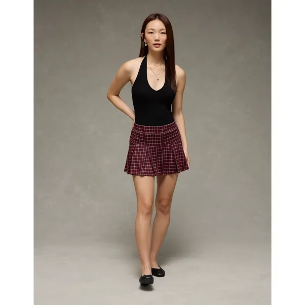 AE It Knit Low-Rise Pleated Plaid Skort - Burgundy
