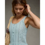 AE Pointelle Peplum Sweater Tank Top - Light Blue