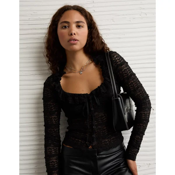 AE Ruffle Neck T-Shirt - True Black