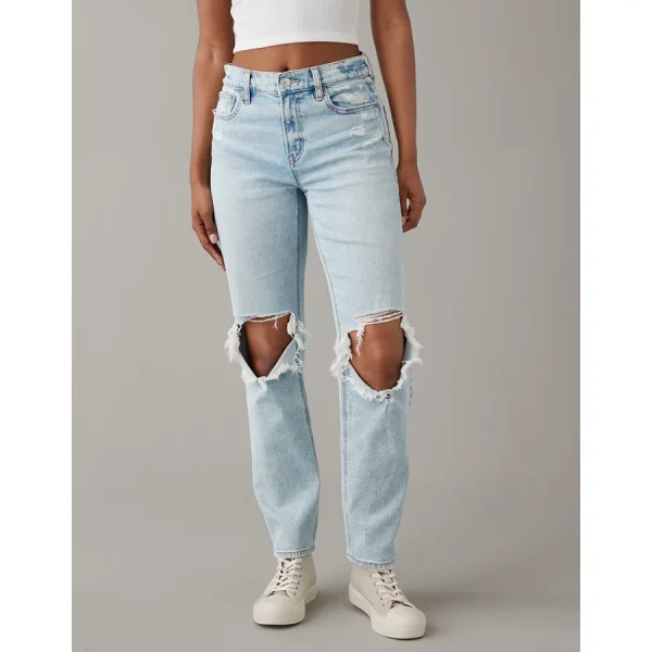 AE Stretch Super High-Waisted Ripped Ankle Straight Jean - Skylight