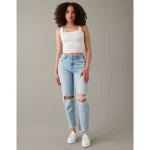 AE Strigid Curvy Ripped Mom Jean - Light Destroy Wash