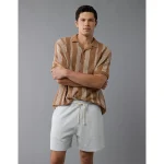 AE Weekend Striped Button-Up Sweater Polo Shirt - Tan