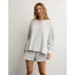AE Big Hug Off-The-Shoulder Waffle Sweatshirt - Light Heather Gray