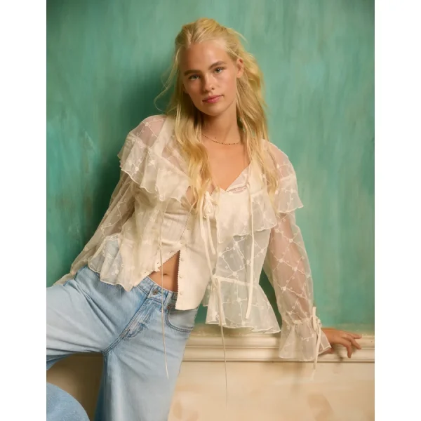 AE Embroidered Tie-Front Mesh Blouse - Cream