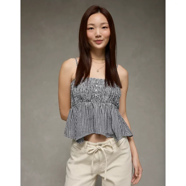 AE Handkerchief Hem Smocked Babydoll Tube Top - Black