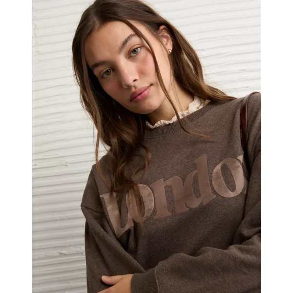 AE London Velvet Graphic Crew Neck Sweatshirt - Coffee