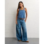 AE Square Neck Pieced Denim Tank Top - Medium Wash