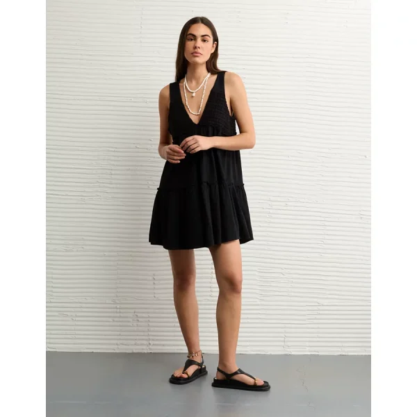 AE Sunchaser Knit V-Neck Crochet Mini Dress - Black