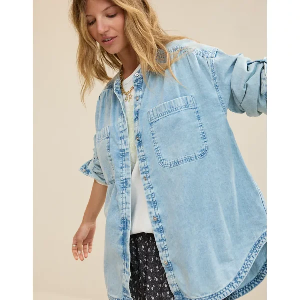 Aerie Roll With It Button Down Shirt - Light Wash
