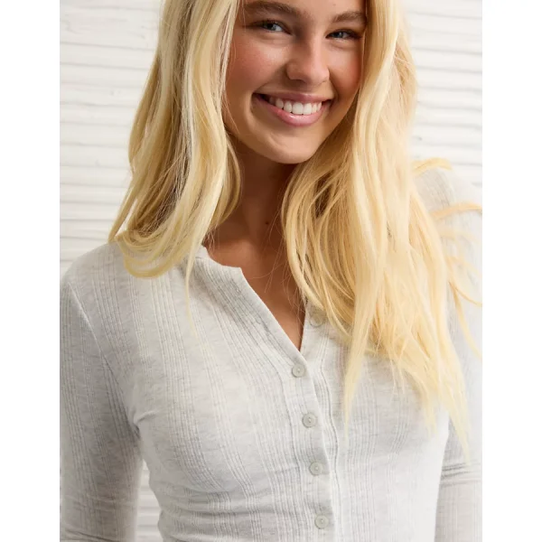 AE Long Sleeve Henley T-Shirt - Light Heather Gray