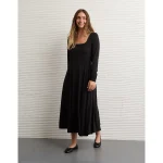 AE Square Neck Side Slit Midi Dress - Black