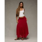 AE Smocked Handkerchief Hem Maxi Skirt - Berry