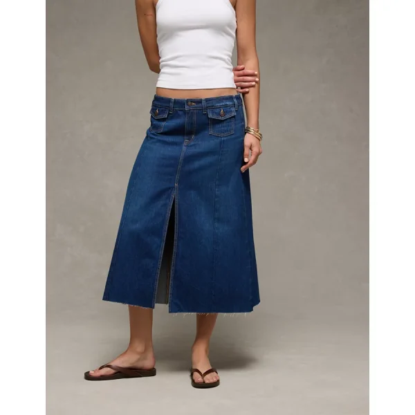 AE Low-Rise A-Line Denim Midi Skirt - Dark Wash