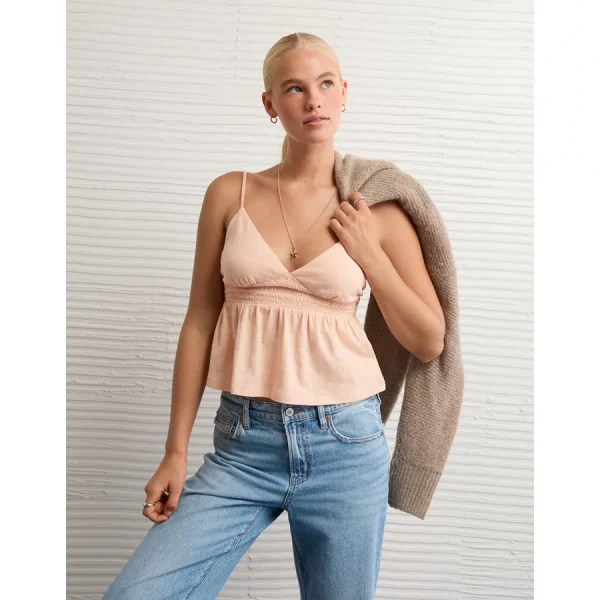 AE Sunchaser Smocked Babydoll Tank Top - Rusty Peach