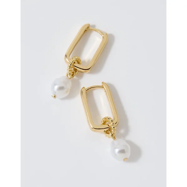Aerie Square Hoop Pearl Dangle Earring - Gold