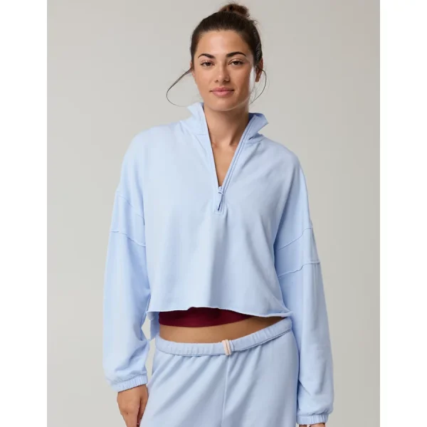 OFFLINE By Aerie OTT Seamed Quarter Zip Sweatshirt - Eyelet Blue