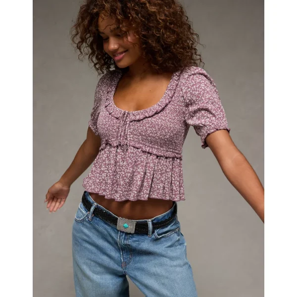 AE Smocked Babydoll Blouse - Purple