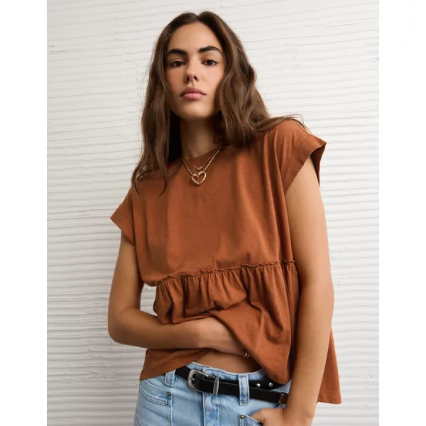 AE Sunchaser Knit Tie Back Babydoll T-Shirt - Amber Brown