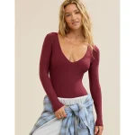 SMOOTHEZ Long Sleeve Plunge Bodysuit - Deep Cherry