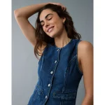AE Crew Neck Button-Up Denim Vest - Dark Wash