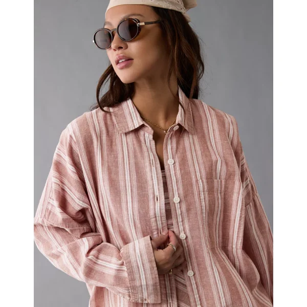 AE Go Big Linen-Blend Oversized Striped Shirt - Pink
