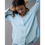 AE Long-Sleeve Tie Back Button-Up Shirt - Light Blue