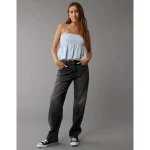 AE Smocked Babydoll Bow Tank Top - Light Blue