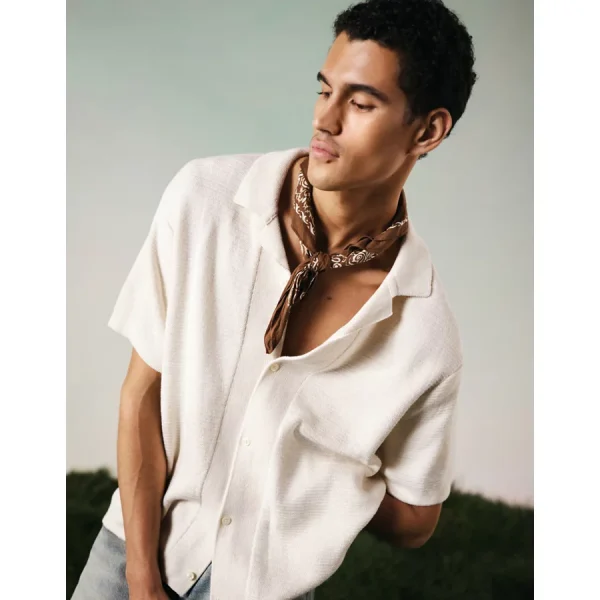 AE Weekend Button-Up Sweater Polo Shirt - Beige