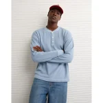 AE Boxy Washed Thermal Henley Shirt - Soft Blue