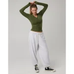 OFFLINE By Aerie Thumbs Up Ruched Long Sleeve T-Shirt - Military Green