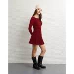 AE Drop Waist Sweater Mini Dress - Warm Red